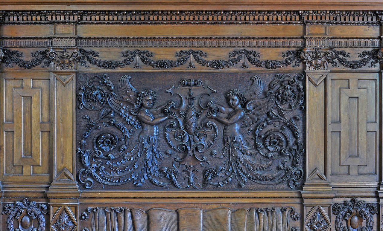 Beaux Arts Massive Early American, Hand-Carved Overmantel in Butternut