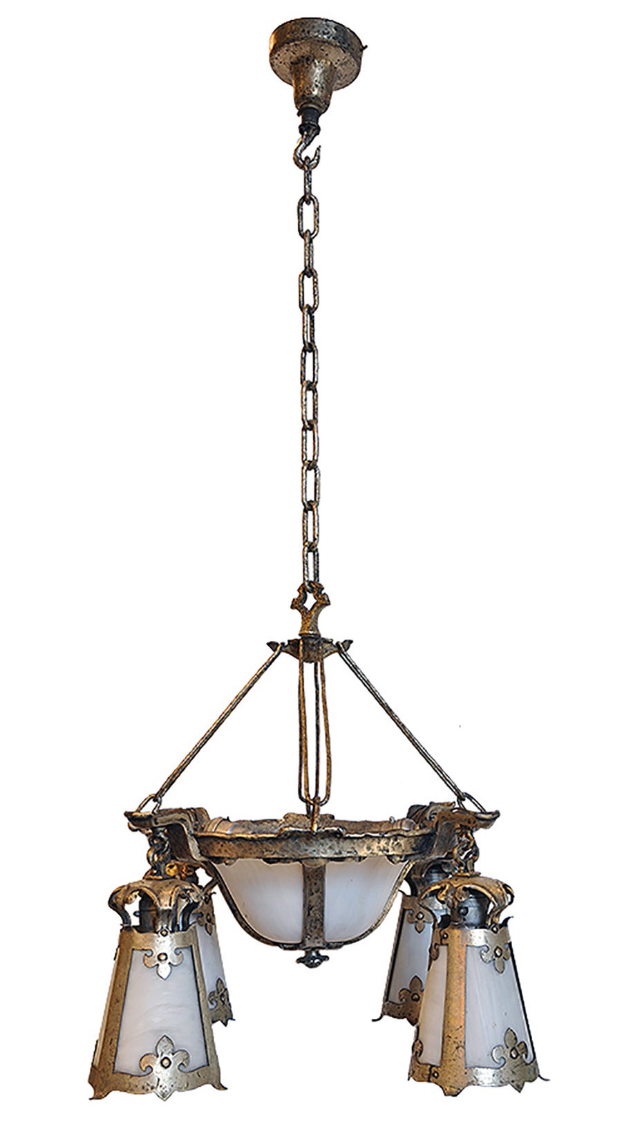 Created circa 1912, this is a unique example of the Chicago based Beardslee chandelier manufacturing company's production of Arts & Crafts lighting. Its hammered, cast brass is plated in nickel and features a subtle opalescent white glass, creating