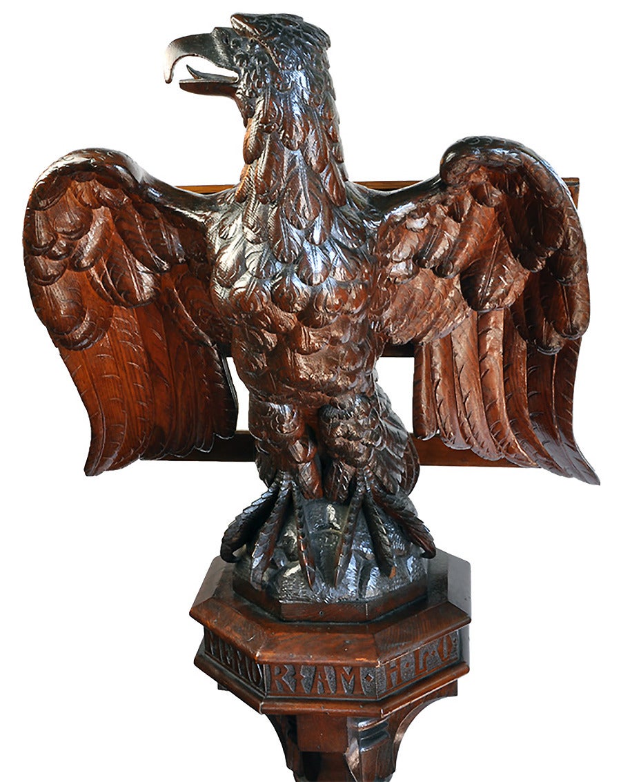 Hand-carved Lectern with the natural form of the eagle. The symbolism of the eagle derived from the belief that the bird was capable of staring into the sun and that Christians similarly were able to gaze unflinchingly at the Revelation of the