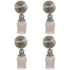 Set of Four Silver Sconces with Signed Quezal Shades