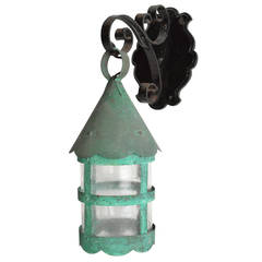 Antique Copper and Iron Exterior Sconce with Original Patina and Glass