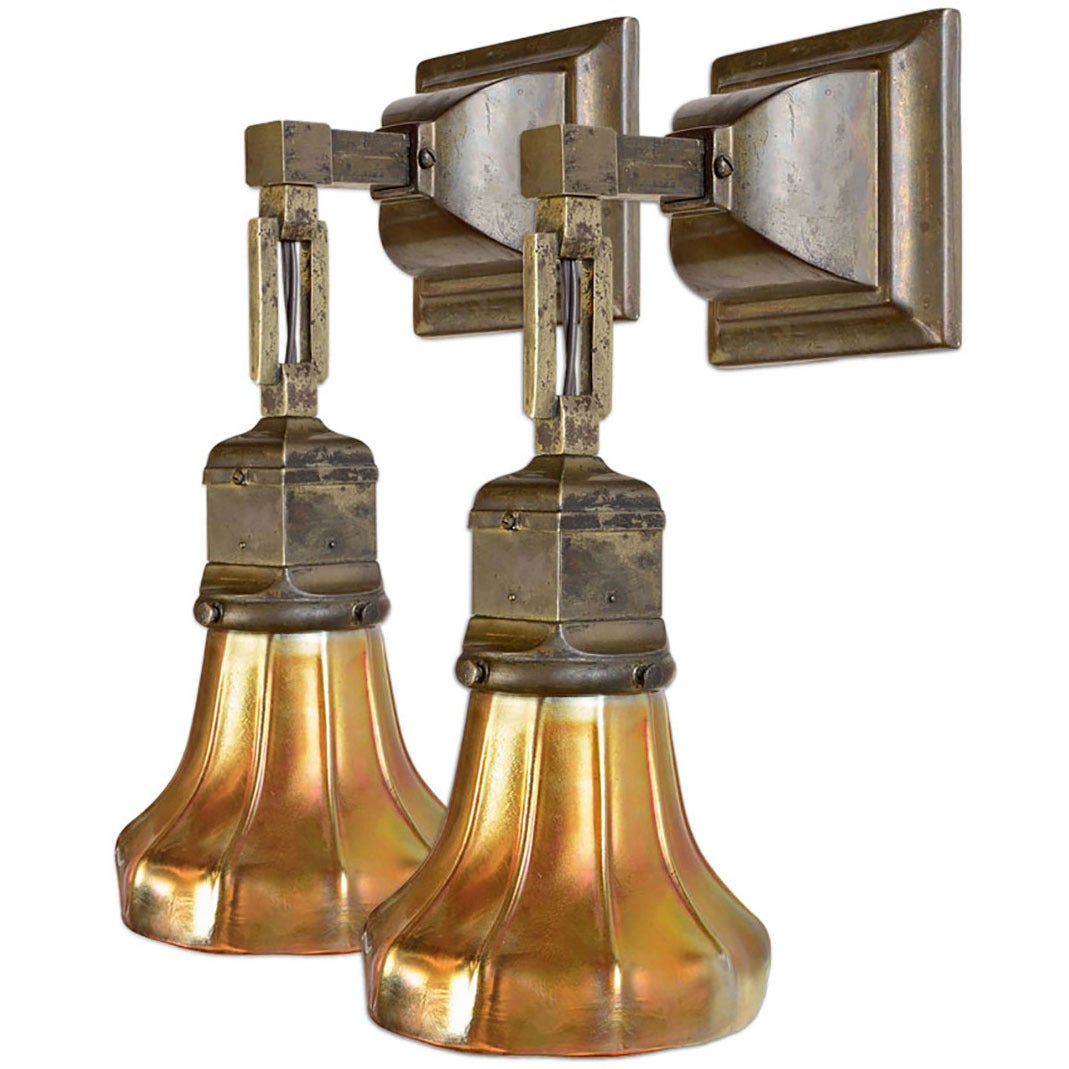 Signed Beardslee Arts & Crafts Sconces with Aurene Shades