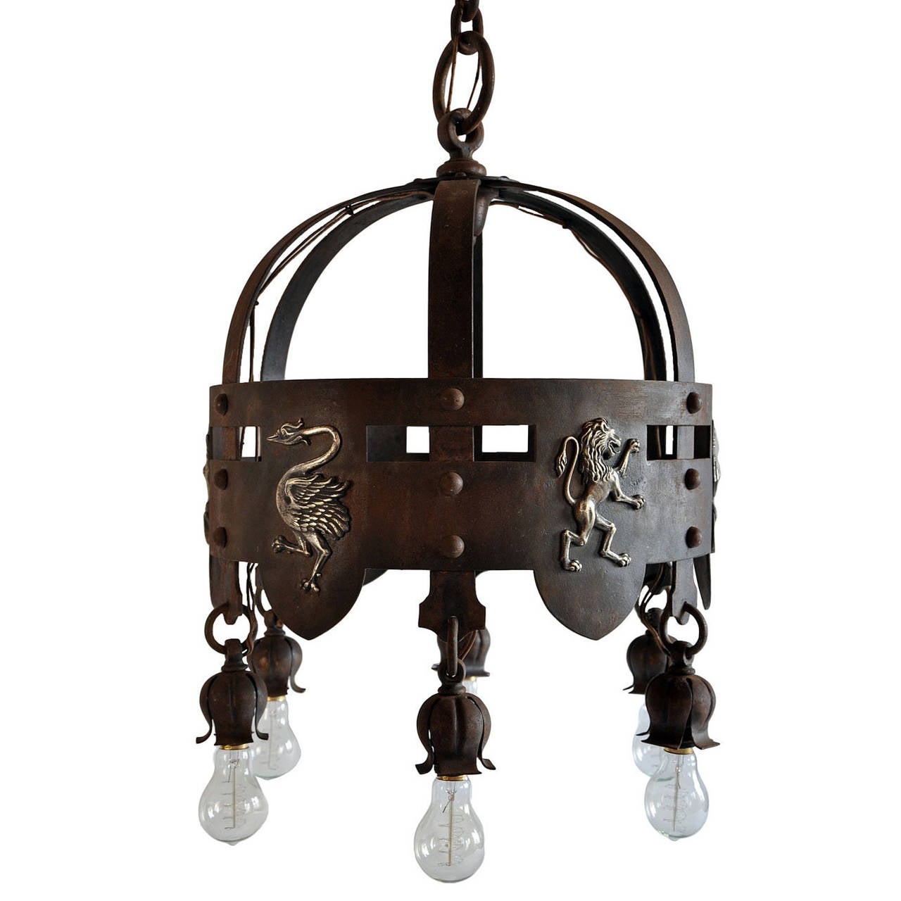 Iron Arts and Crafts Chandelier with Brass Emblems at 1stdibs