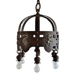 Antique Iron Arts & Crafts Chandelier with Brass Emblems