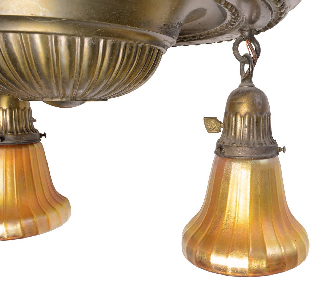 American Brass Three Light Fixture featuring Signed Louis Comfort Tiffany Favrile Shades