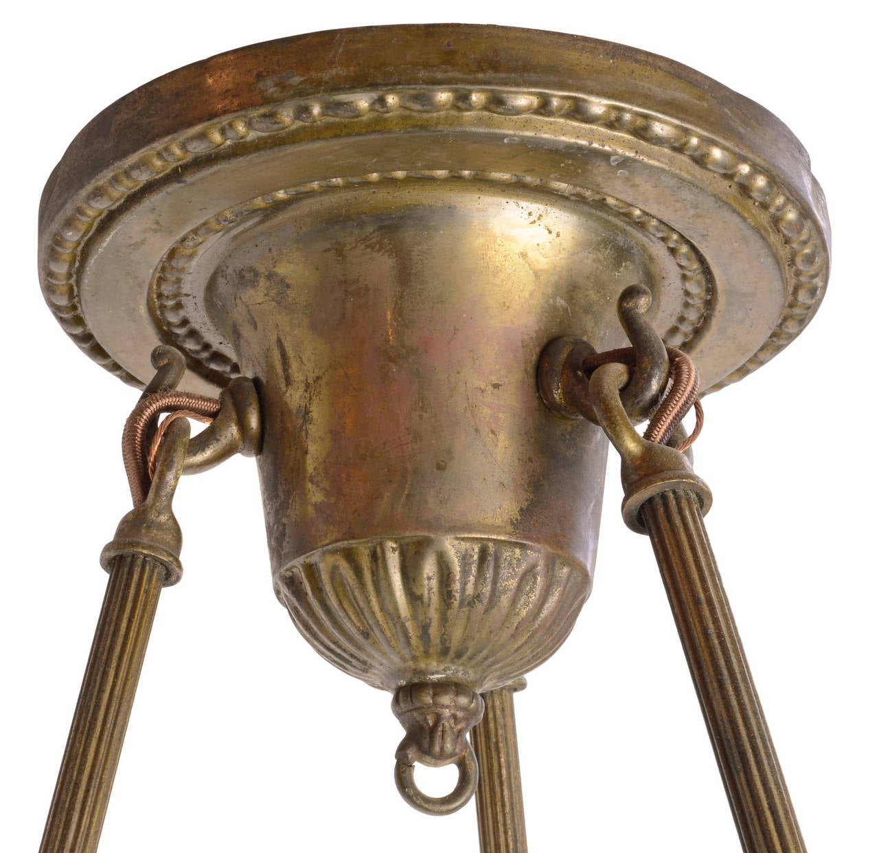 20th Century Brass Three Light Fixture featuring Signed Louis Comfort Tiffany Favrile Shades