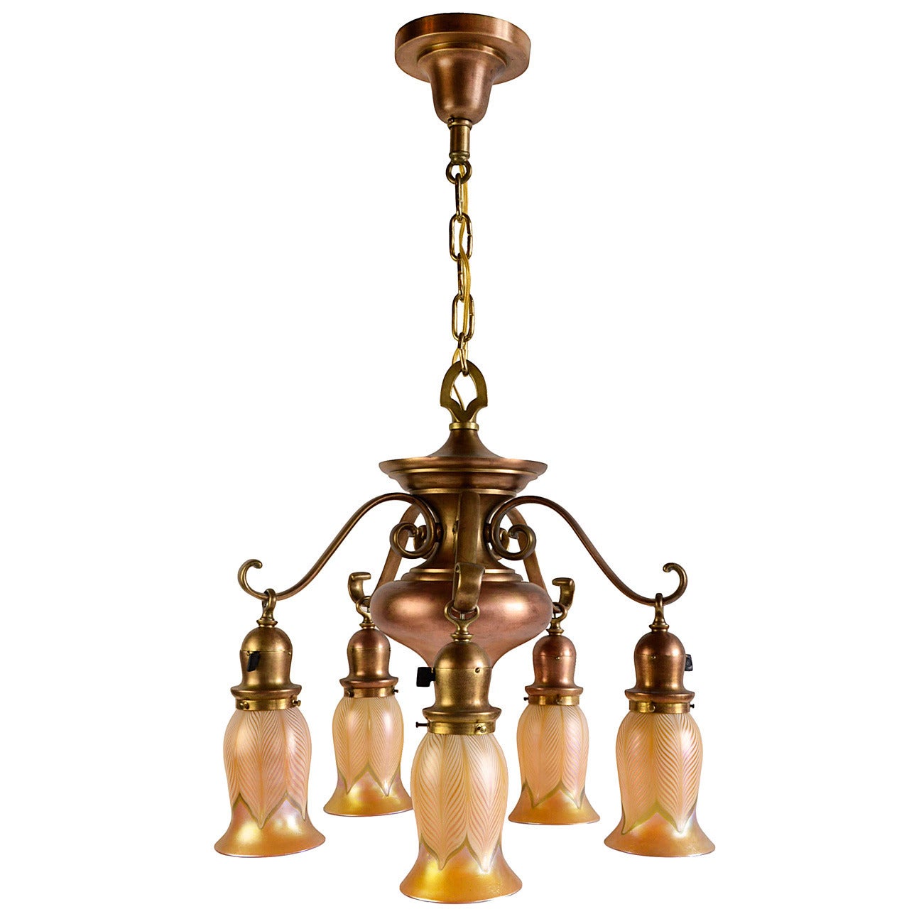 Cast Brass Five Arm Chandelier with Signed Quezal Pulled Feather Shades