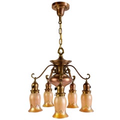 Antique Cast Brass Five Arm Chandelier with Signed Quezal Pulled Feather Shades