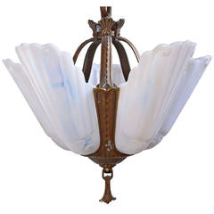 Antique Art Deco Slipper Shade Fixture with Opalescent Shades and Bronze Body