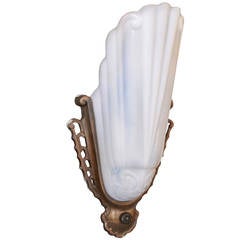 Antique Art Deco Slipper Shade Sconce with Opalescent Glass and Bronze Fitting