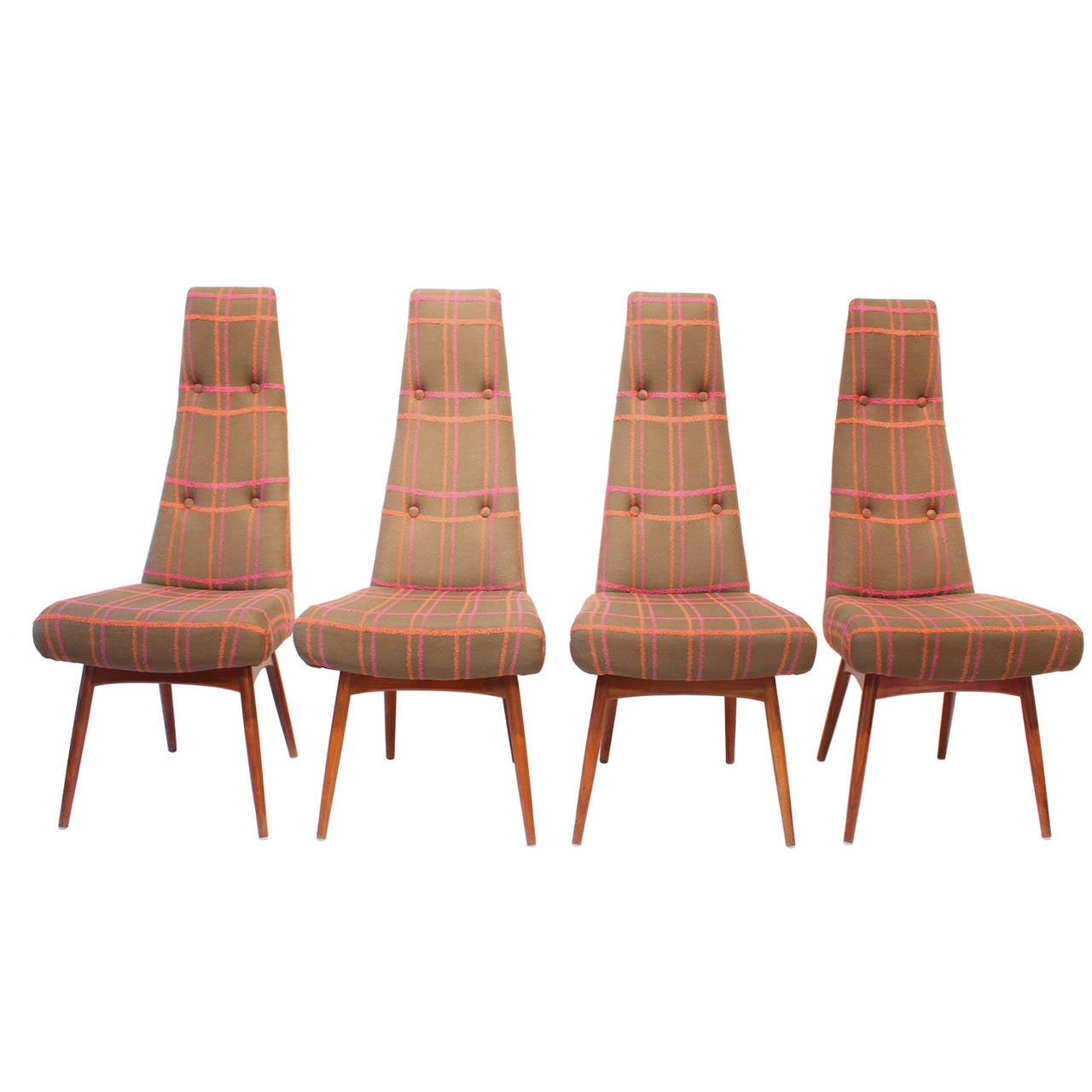 Four monumental Adrian Pearsall commander dining chairs upholstered in plaid wool.