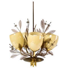 Foliate Chandelier in Brass with Handblown Glass Shades by Paavo Tynell 4