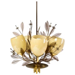Foliate Chandelier in Brass with Handblown Glass Shades by Paavo Tynell