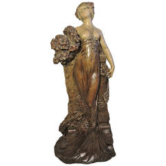 Terracotta Signed "Piquemal" Woman Bouquet, 1900