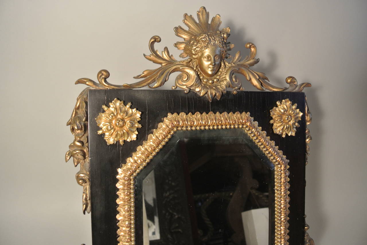 19th Century Table Mirror Ormolu on Ebony, Beveled Mirror and Gilded Bronze