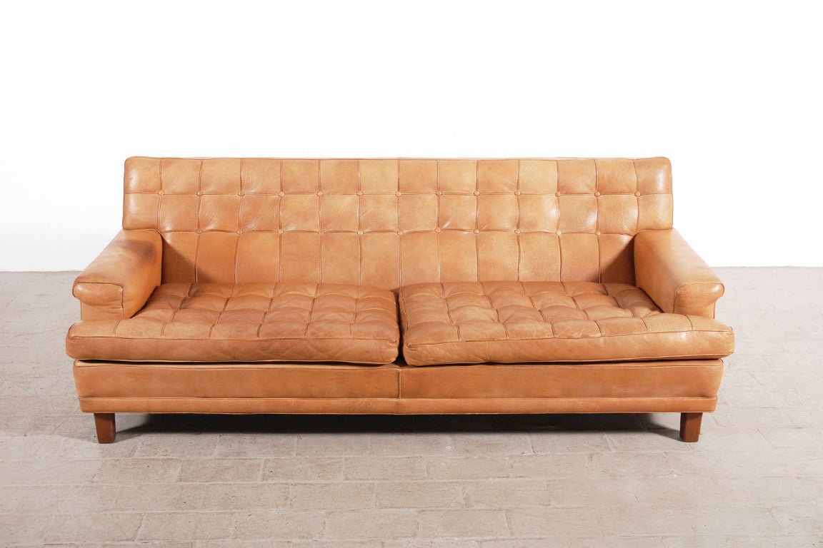Scandinavian Modern Arne Norell Three-Seater Sofa in Natural Cognac Leather 1960