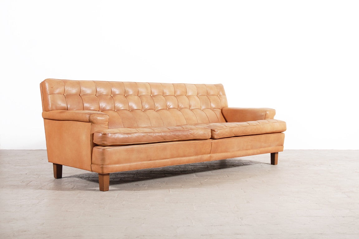 Swedish Arne Norell Three-Seater Sofa in Natural Cognac Leather 1960