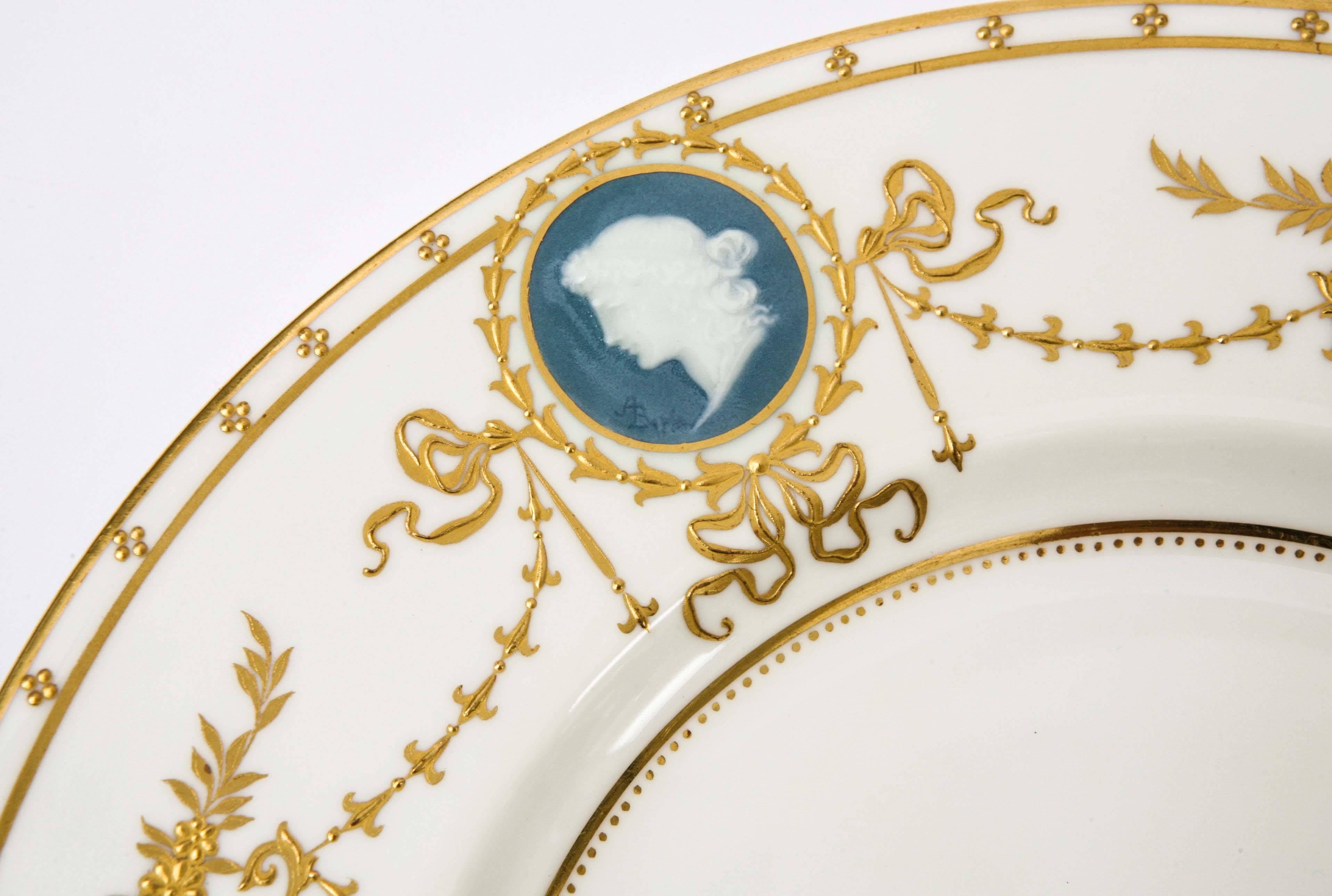 Greco Roman 4 Minton for Tiffany Pâte-sur-Pâte Signed Alboin Birks Plates, Raised Gilding