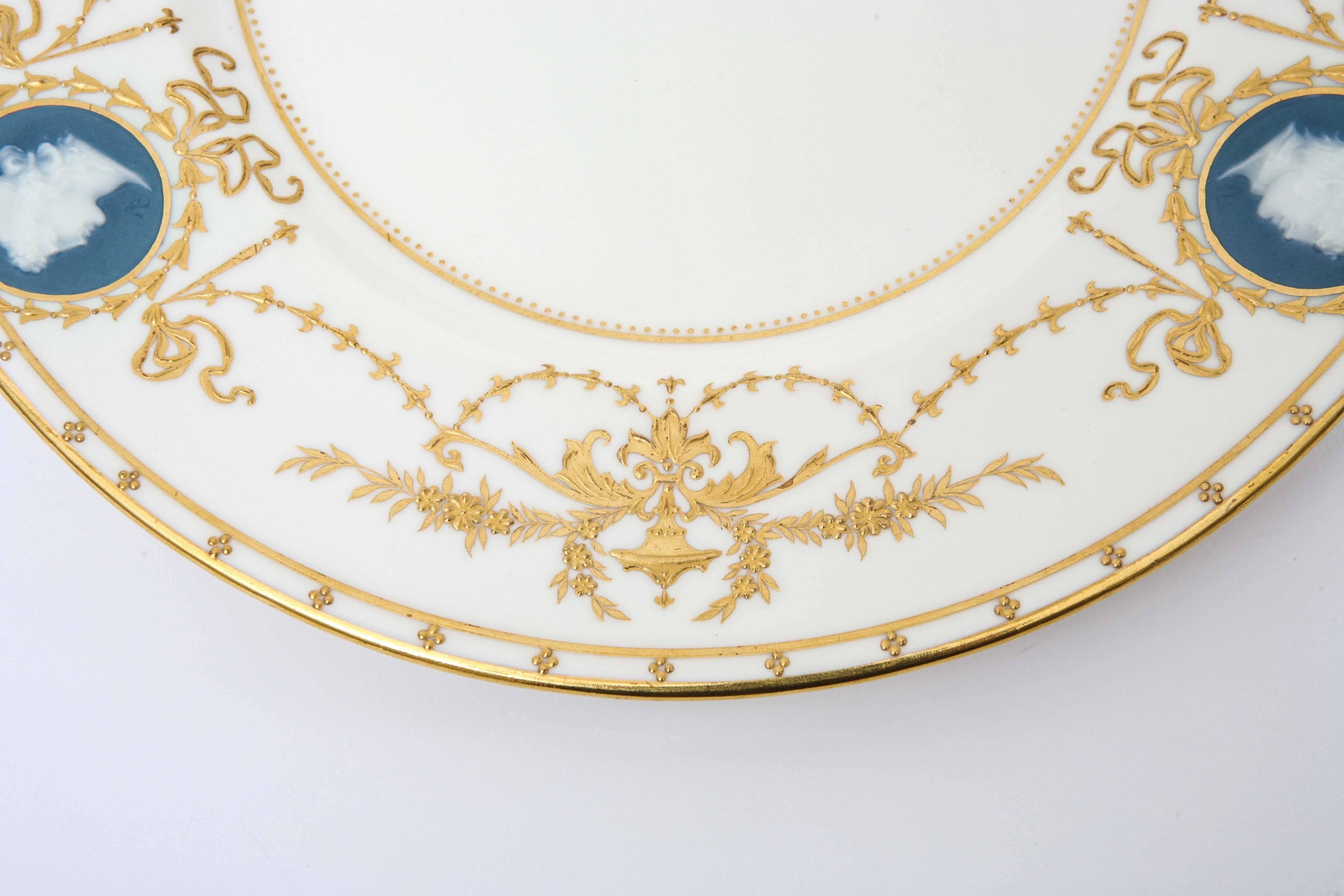 4 Minton for Tiffany Pâte-sur-Pâte Signed Alboin Birks Plates, Raised Gilding In Good Condition In West Palm Beach, FL