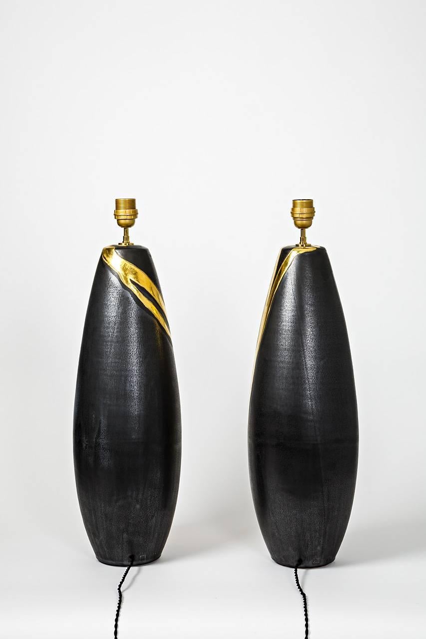 French Big Pair of Ceramic Lamps by Jean Cacheleux with Gold Decoration