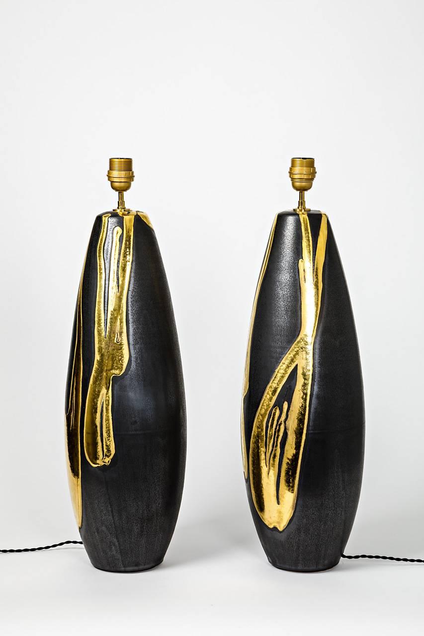 Big Pair of Ceramic Lamps by Jean Cacheleux with Gold Decoration In Excellent Condition In Saint-Ouen, FR
