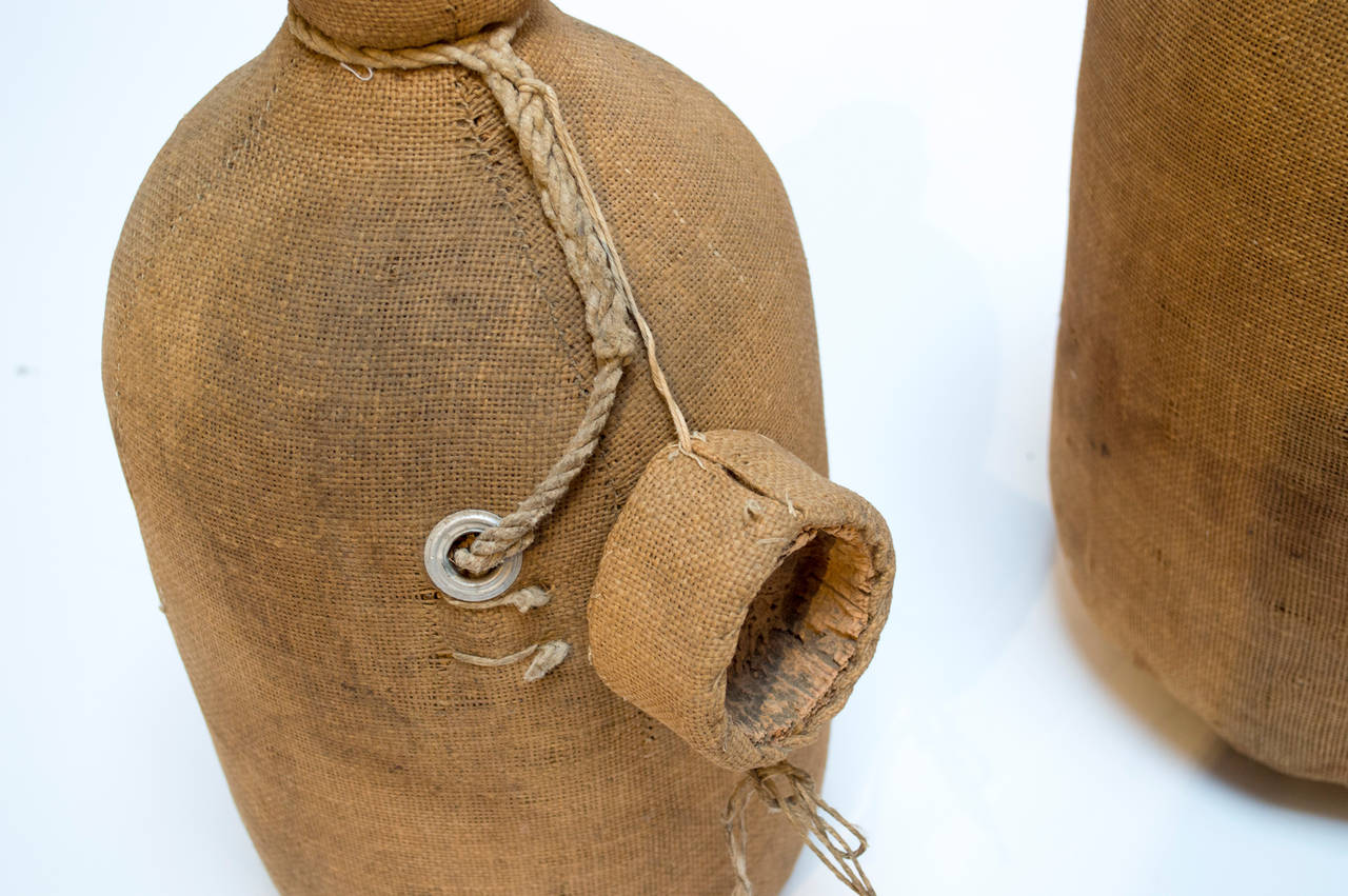 19th Century Set of Two Large 1880s Burlap and Horsehair-Wrapped Glass Demijohns