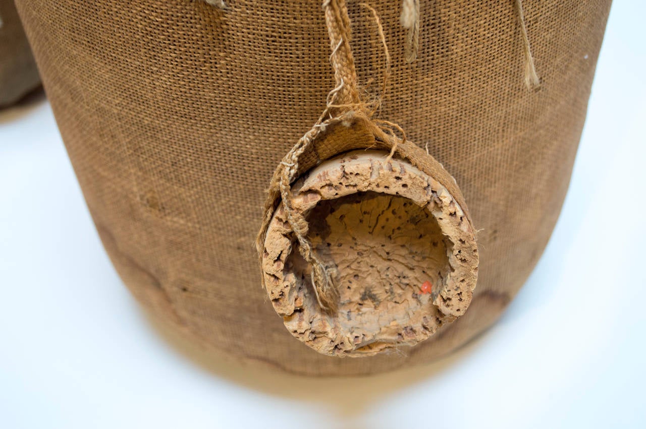 Set of Two Large 1880s Burlap and Horsehair-Wrapped Glass Demijohns 1