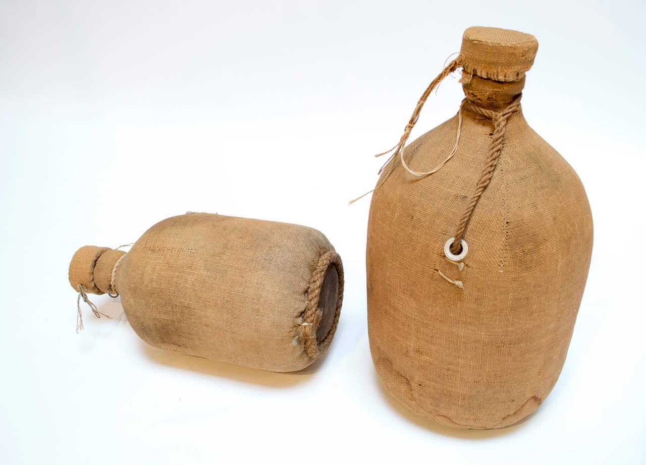 French Set of Two Large 1880s Burlap and Horsehair-Wrapped Glass Demijohns