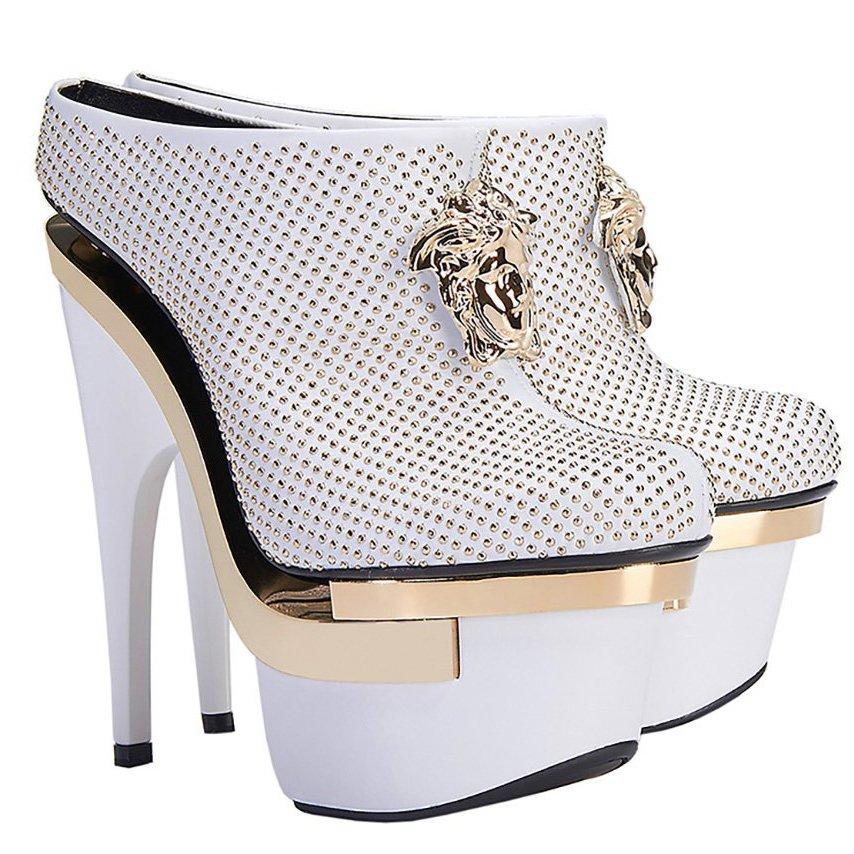 Gray VERSACE White Leather Triple Platform Studded Bootie