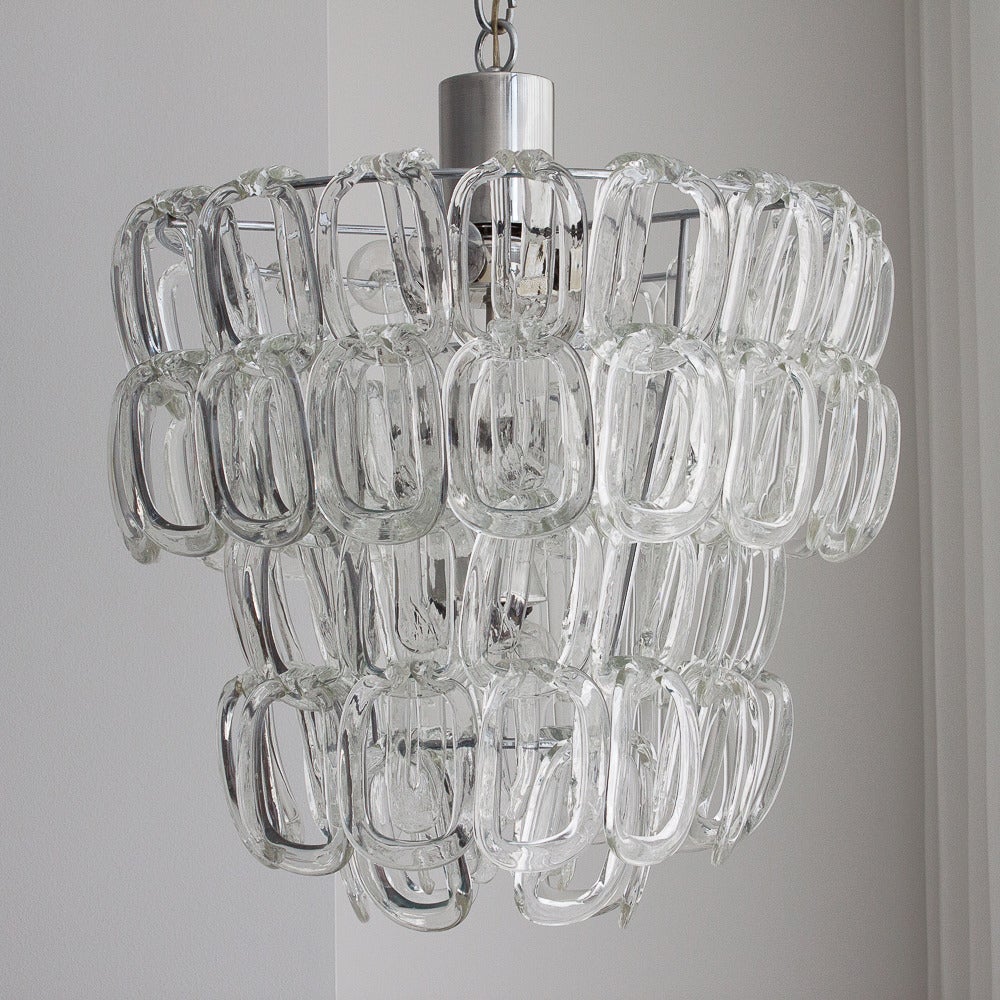Angelo Mangiarotti Glass Link Chandelier At 1stdibs This Mangiarotti Chandelier Features A Chrome Plated Frame And Three Tiers Of 72 Handblown Glass Chain