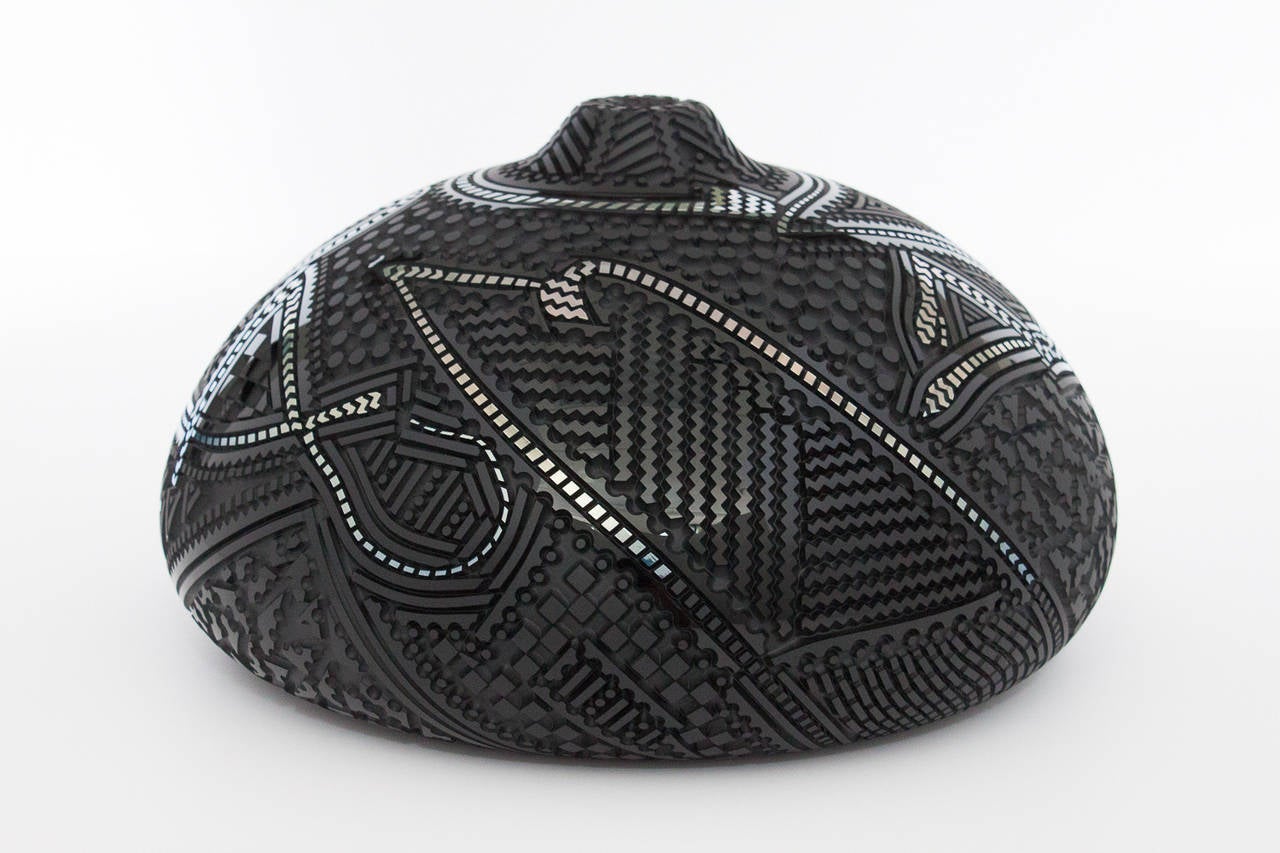 Modern Dick Huss Carved Black Art Glass Vessel Vase