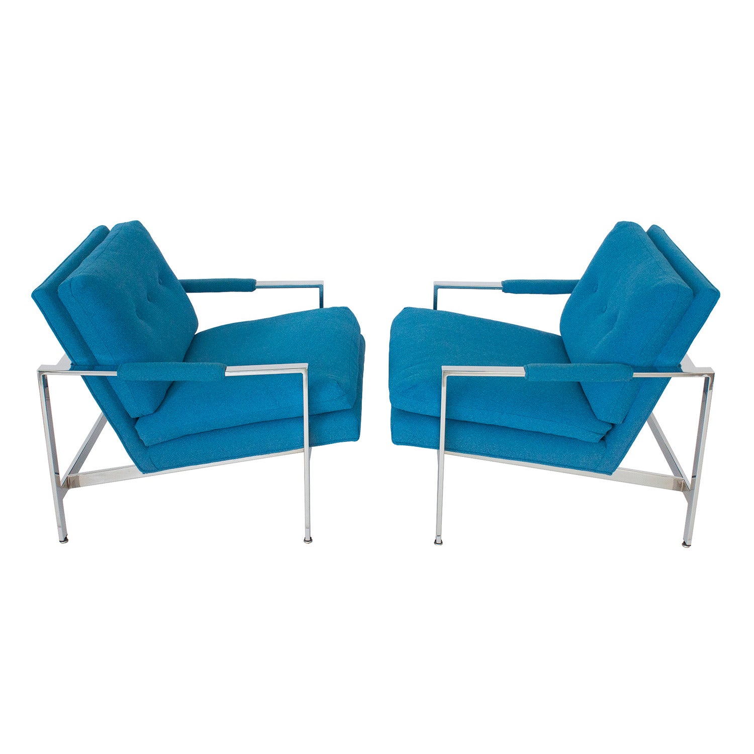 Pair Milo Baughman Chrome Flat Bar Lounge Chairs