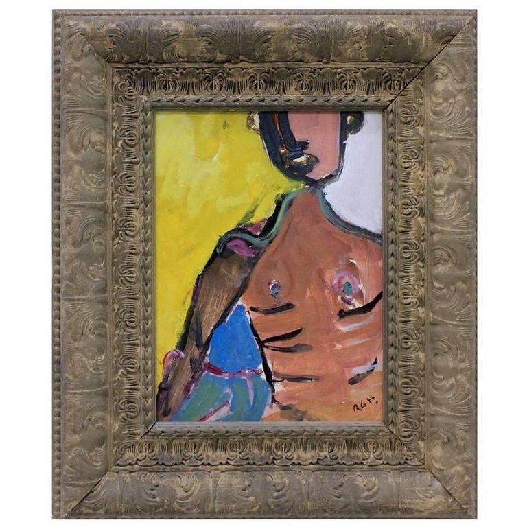 An English abstract oil on board in a well carved and painted frame.

 