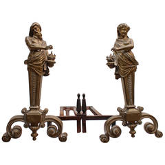 French Bronze and Iron Pair of Chimney Andiron, circa 1870