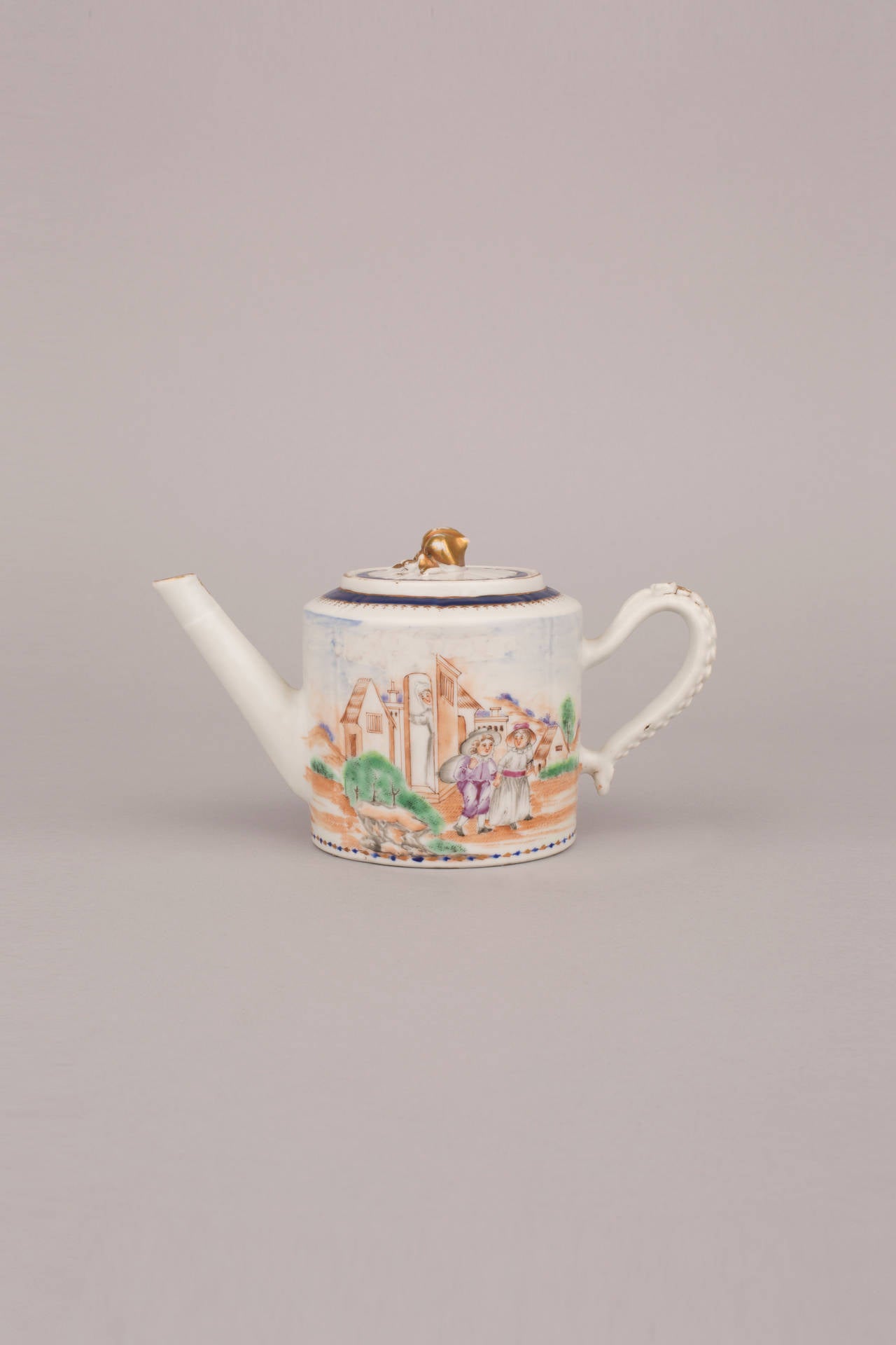 Famille rose miniature cylindrical fluted teapot and cover, painted on both sides with the scene ‘Leaving for School’ with a young girl and a boy holding a sack over his shoulder leaving their home with their mother at the door seeing them off, with