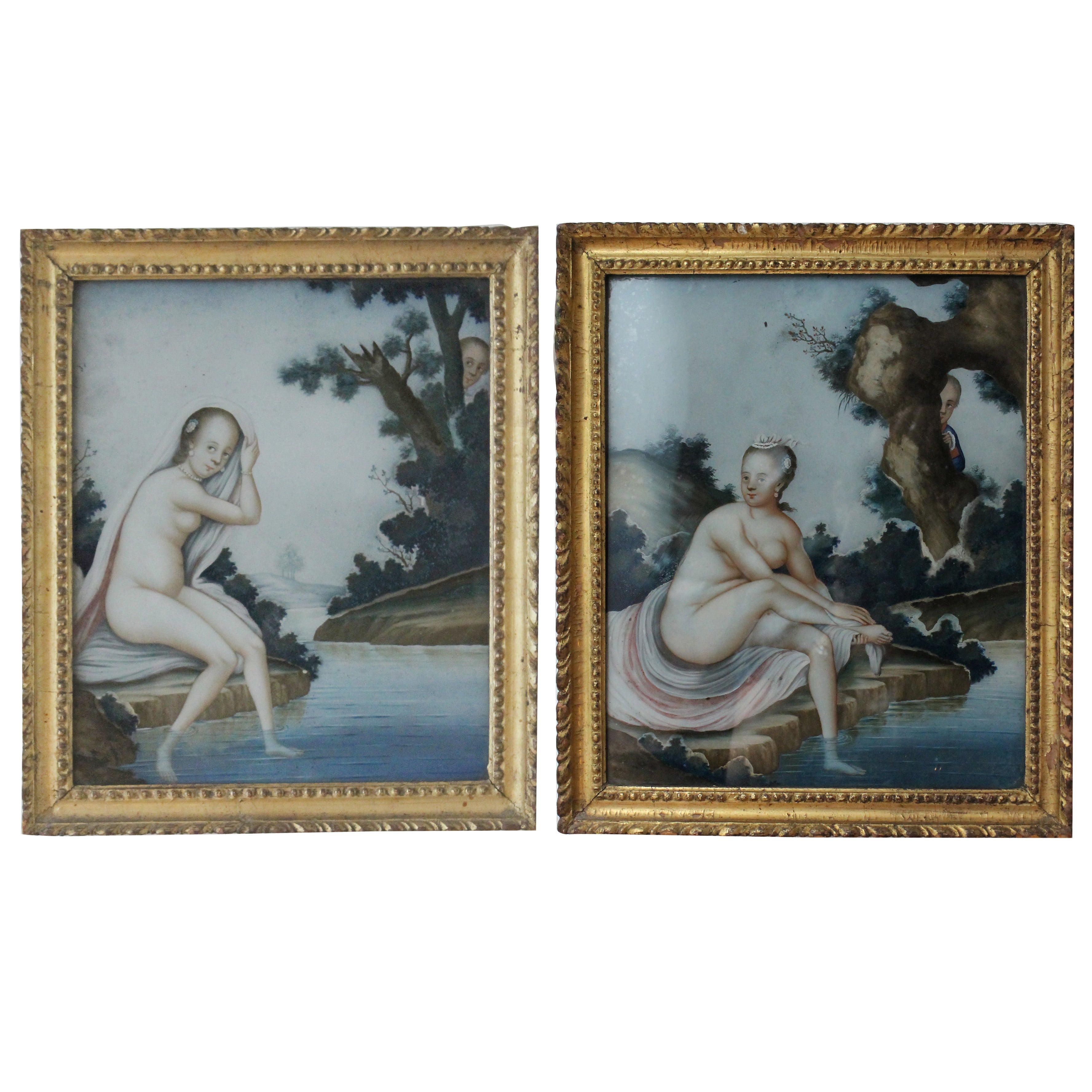 Pair of Chinese Export European Subject Reverse Paintings on Glass, 18th Century