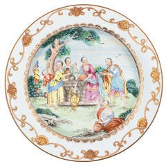 Antique Chinese export porcelain Famille rose plate, ‘Rebecca at the Well’, 18th century