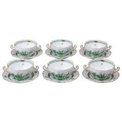Retro Set of Six Herend Indian Basket Green Cream Soup Bowls with Dessert Plates