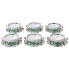 Vintage Set of Six Herend Indian Basket Green Cream Soup Bowls with Dessert Plates