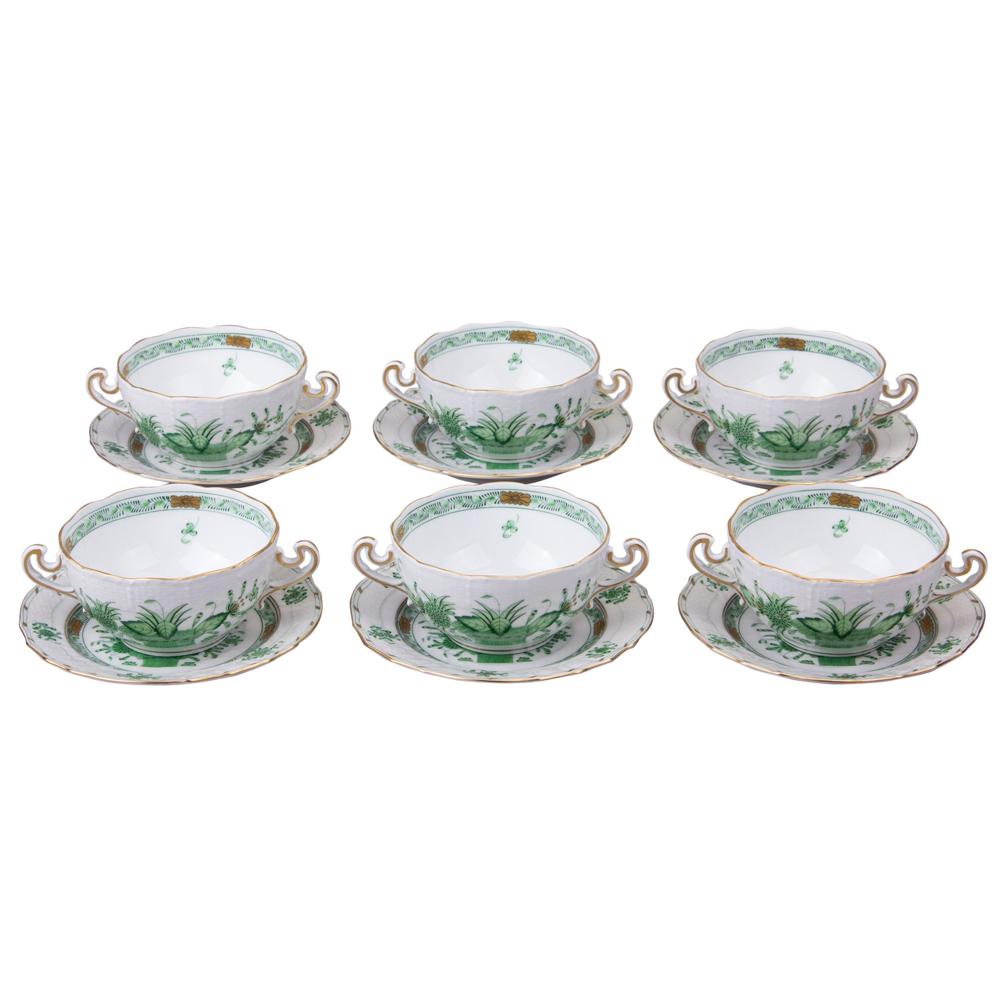 Set of Six Herend Indian Basket Green Cream Soup Bowls with Dessert Plates For Sale