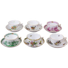 Patchwork Collection of Six Herend Teacups in Various Patterns, circa 1950