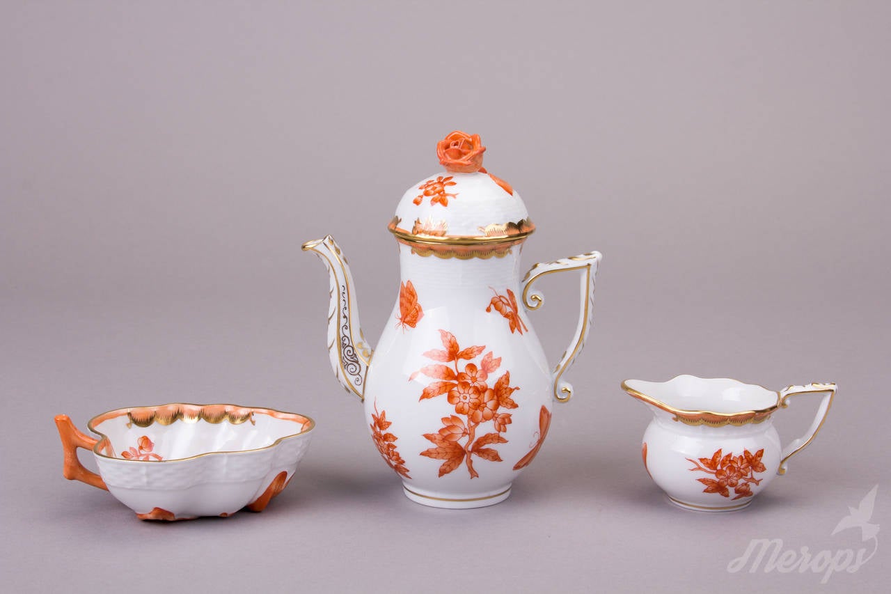 Hungarian Herend Queen Victoria Orange Tete a Tete Coffee Set For Sale