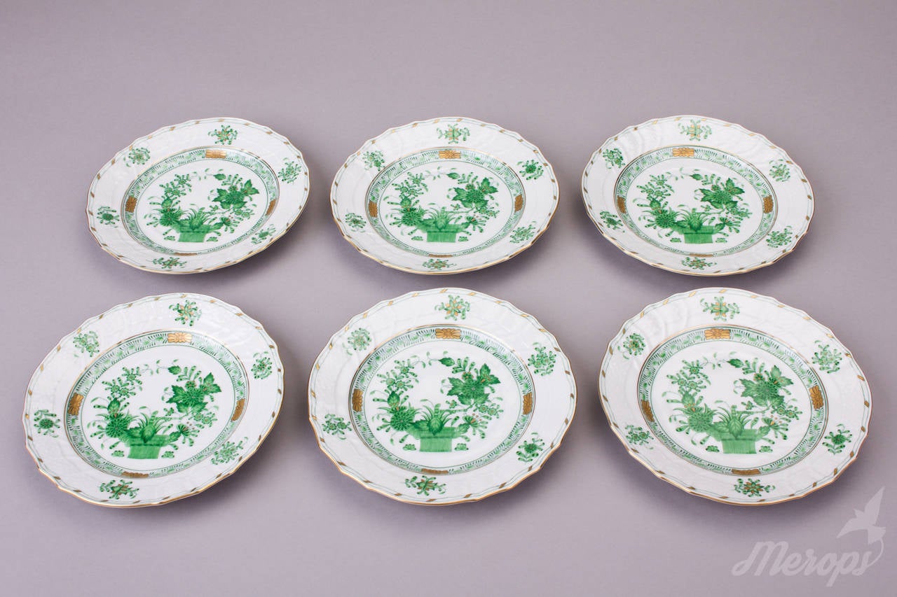 Hungarian Set of Six Herend Indian Basket Green Cream Soup Bowls with Dessert Plates For Sale
