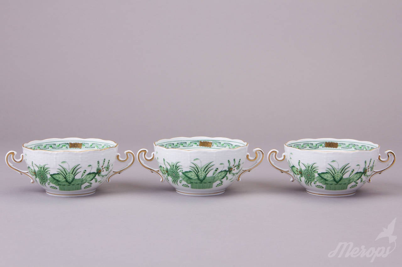 Hand-Painted Set of Six Herend Indian Basket Green Cream Soup Bowls with Dessert Plates For Sale