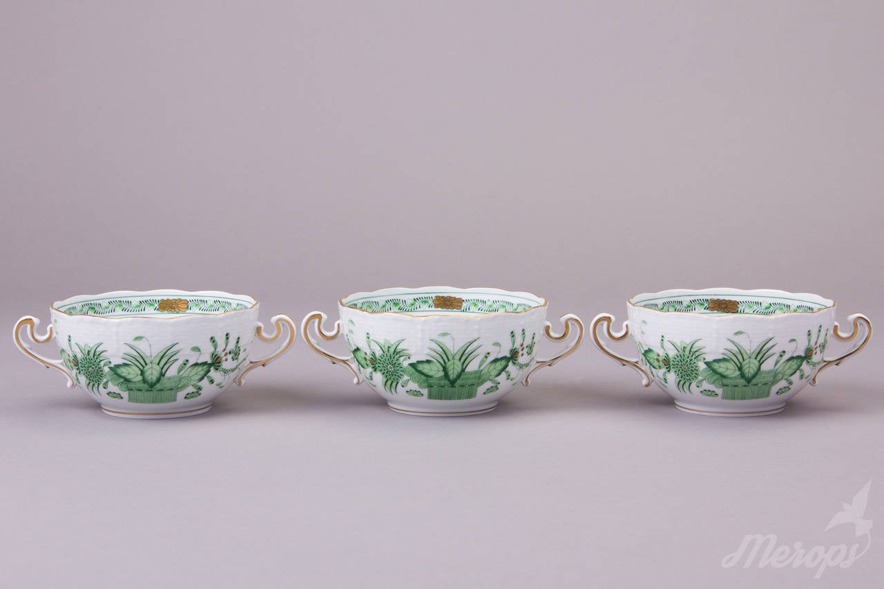 Set of Six Herend Indian Basket Green Cream Soup Bowls with Dessert Plates In Excellent Condition For Sale In Budapest, HU