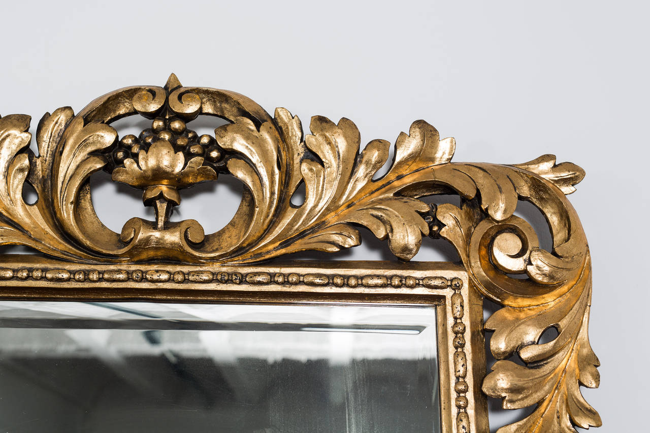 This eye-catching giltwood Florentine mirror originates from Italy, dating far back to circa 1850. The entire frame is decorated with a plant themed motif. This gives the piece a sense of luxury mixed with a calming feel of nature as well. The