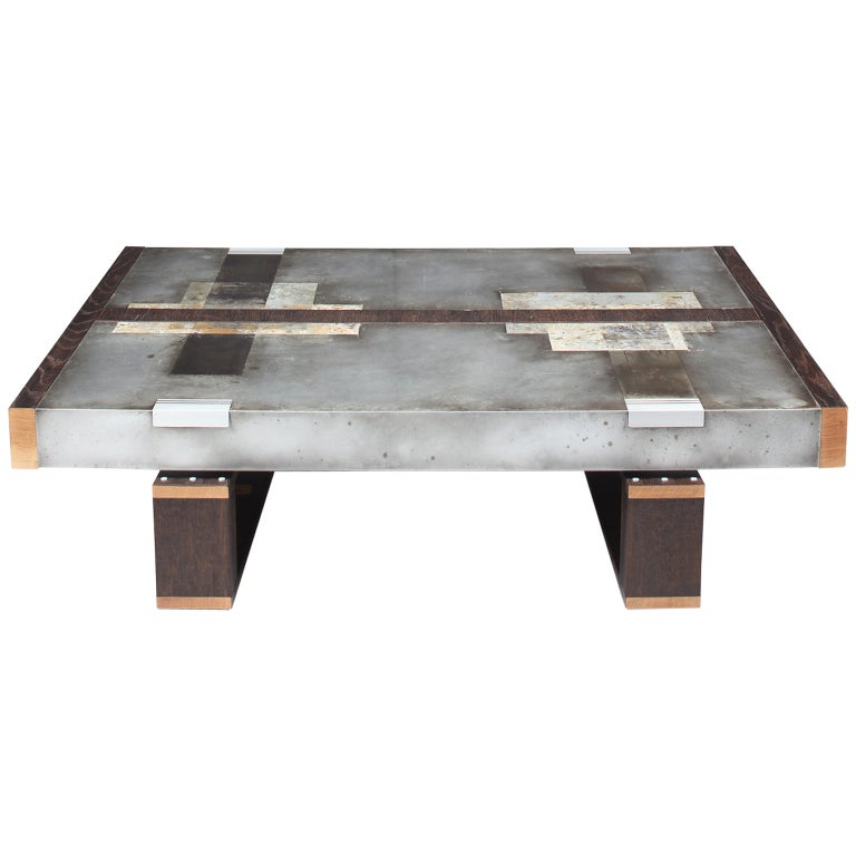 "Divided Lands" Coffee Table in Etched Zinc and Charred Oak by Studio Roeper For Sale