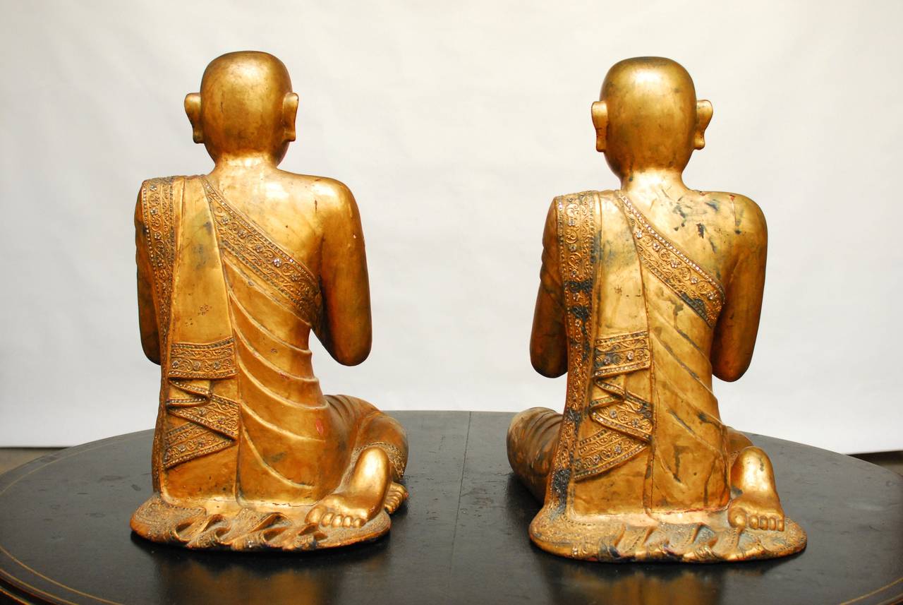 Pair of Carved Giltwood Buddhist Temple Monk Statues 3