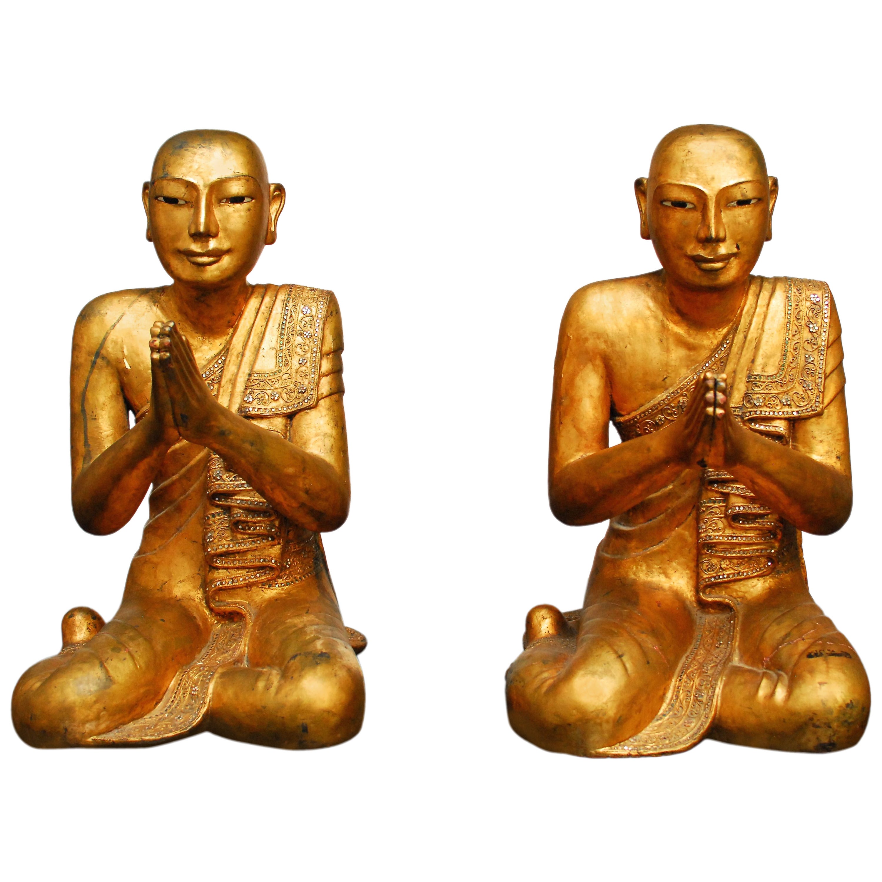 Pair of Carved Giltwood Buddhist Temple Monk Statues