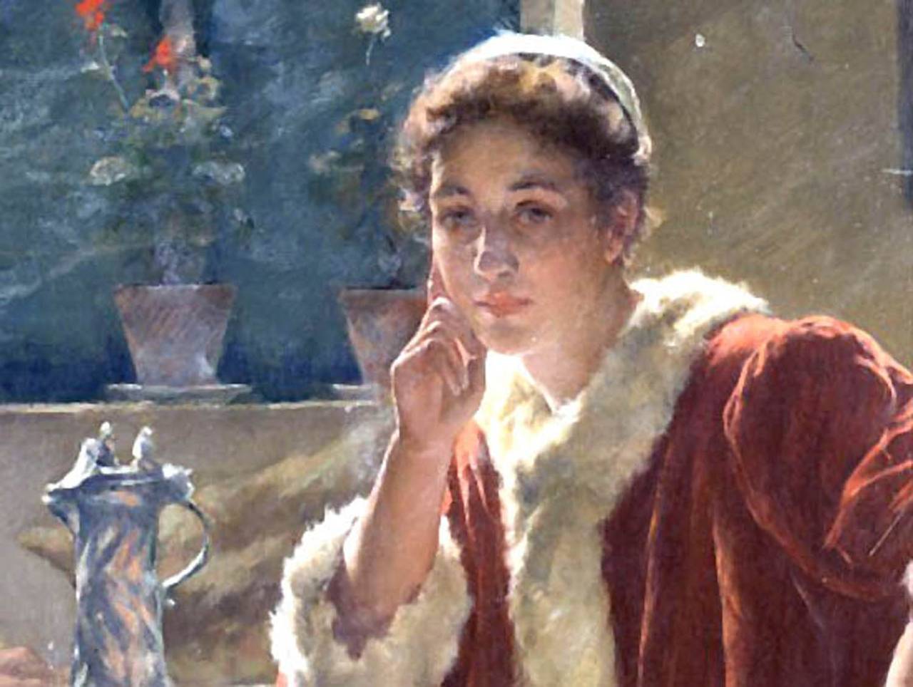 Walter MacEwen (American, 1858-1943).

Contemplation.

Oil-on-canvas, signed upper right.

Painting size: 14.25” x 19”. 
Frame size: 21.25” x 26.25”.

 Originally from Chicago, MacEwen rose to fame as a talented expatriate artist of the